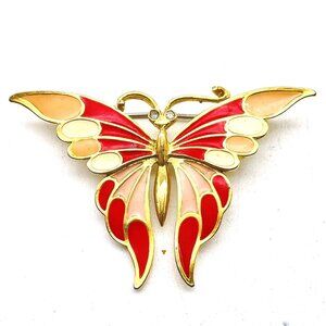 Vintage Gold Tone Red And Cream Enamel Butterfly Brooch Collectible Estate